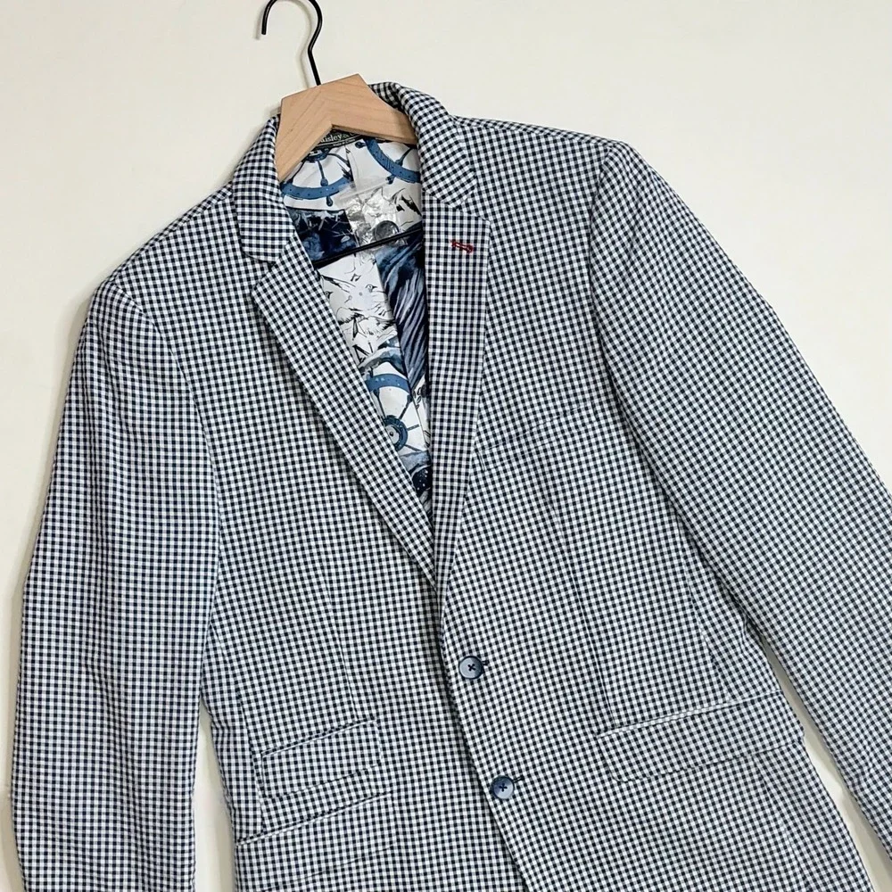 NEW! PAISLEY & GRAY Gingham Peak Two Button Blazer Blue White Nautical Lined 40R